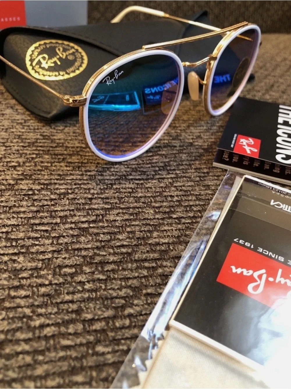 Ray-Ban Gold Frame Sunglasses with Blue Mirror Lenses and White Trim